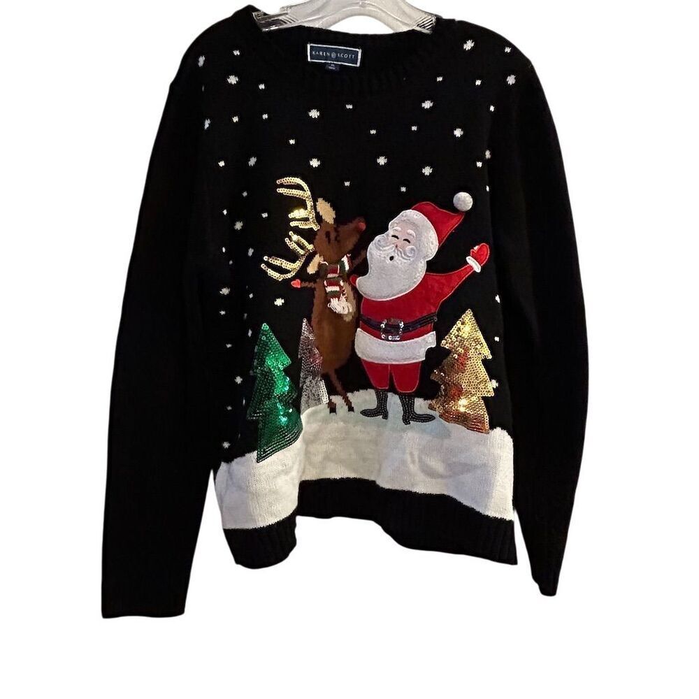 Karen Scott Women's‎ XL Black Christmas Sweater Santa & Reindeer Design